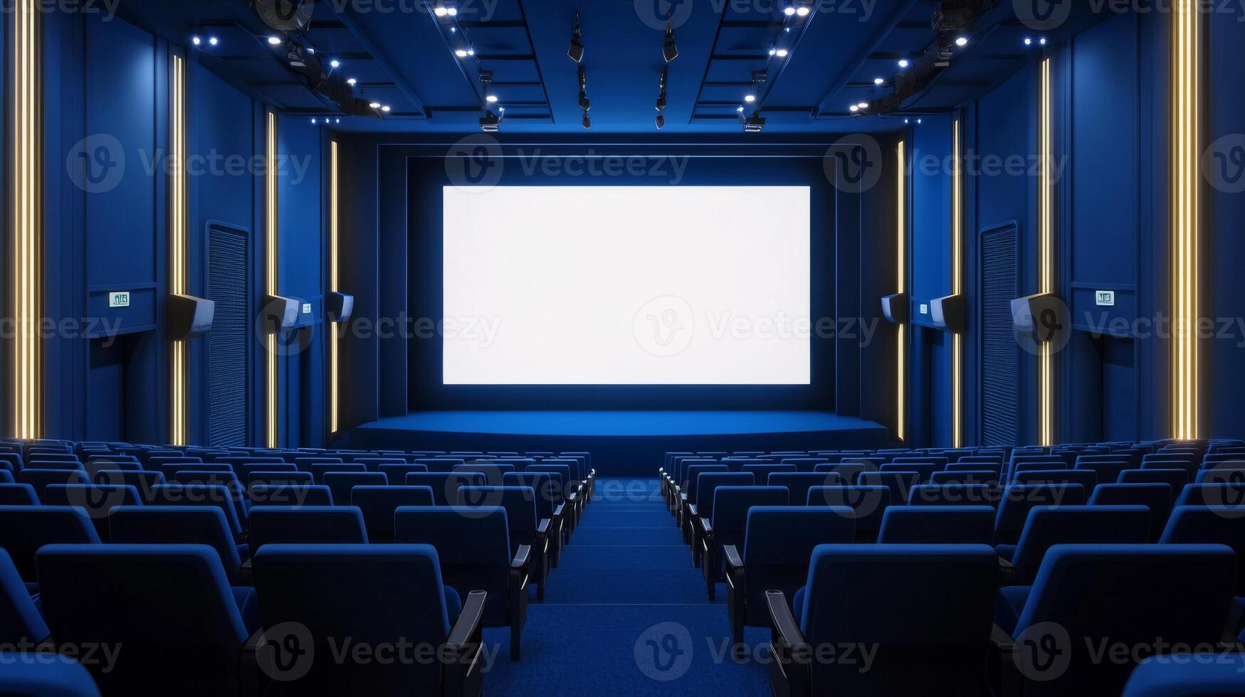 Empty cinema auditorium in blue color with white blank screen. Mockup of hall photo