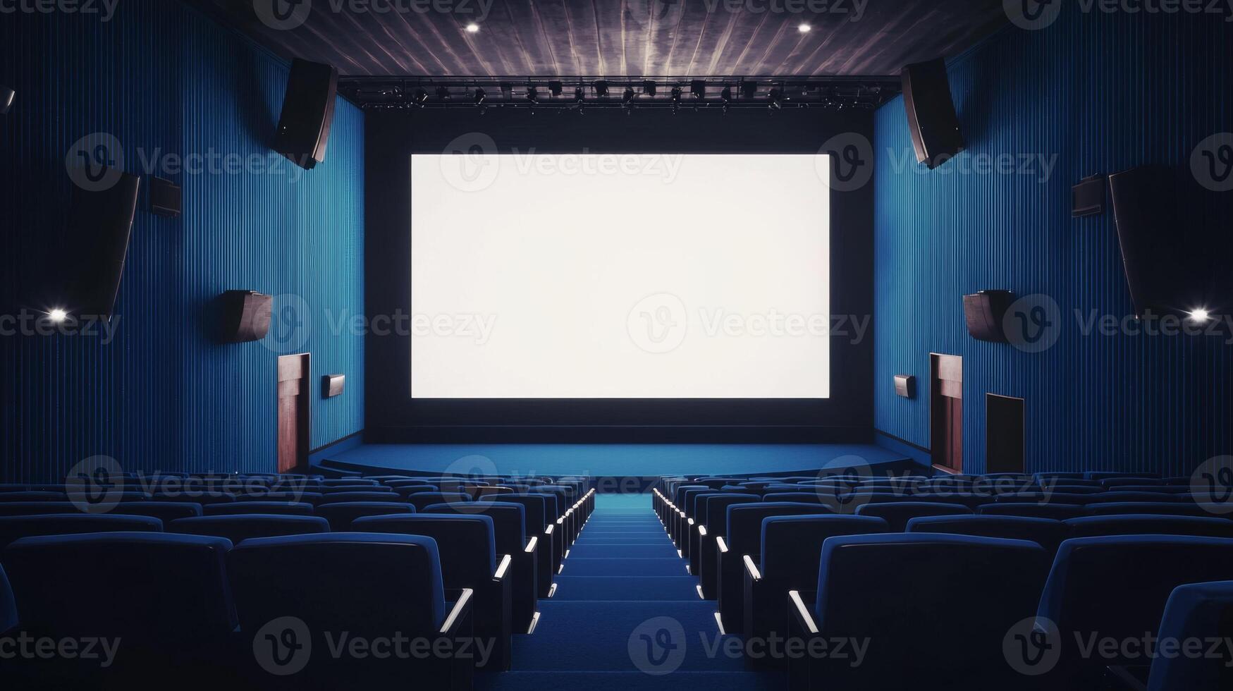 Empty cinema auditorium in blue color with white blank screen. Mockup of hall photo