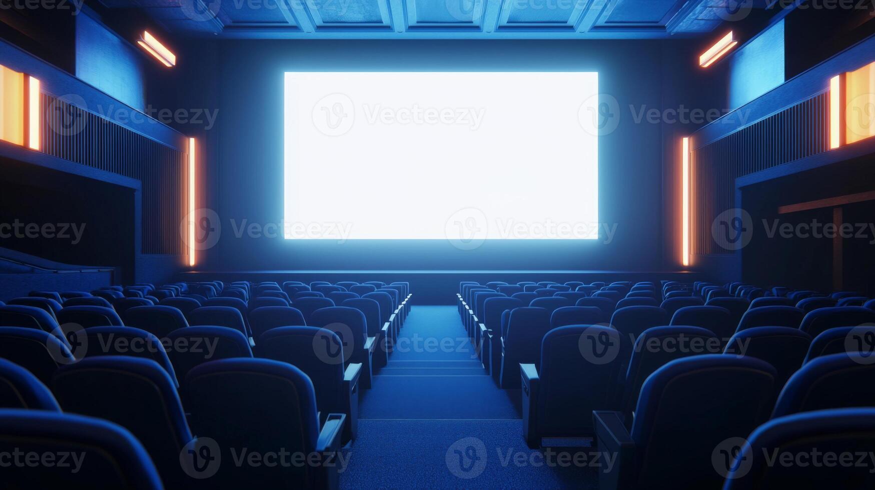 Empty cinema auditorium in blue color with white blank screen. Mockup of hall photo