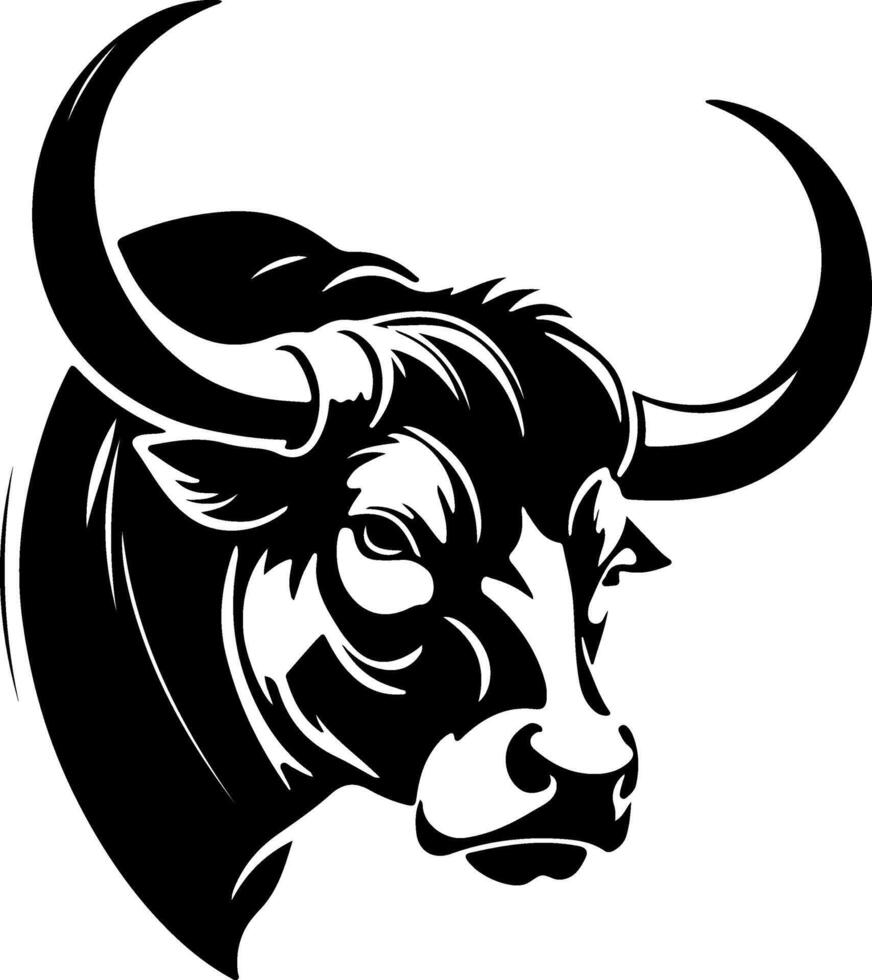 The head of a bull is shown in black and white vector
