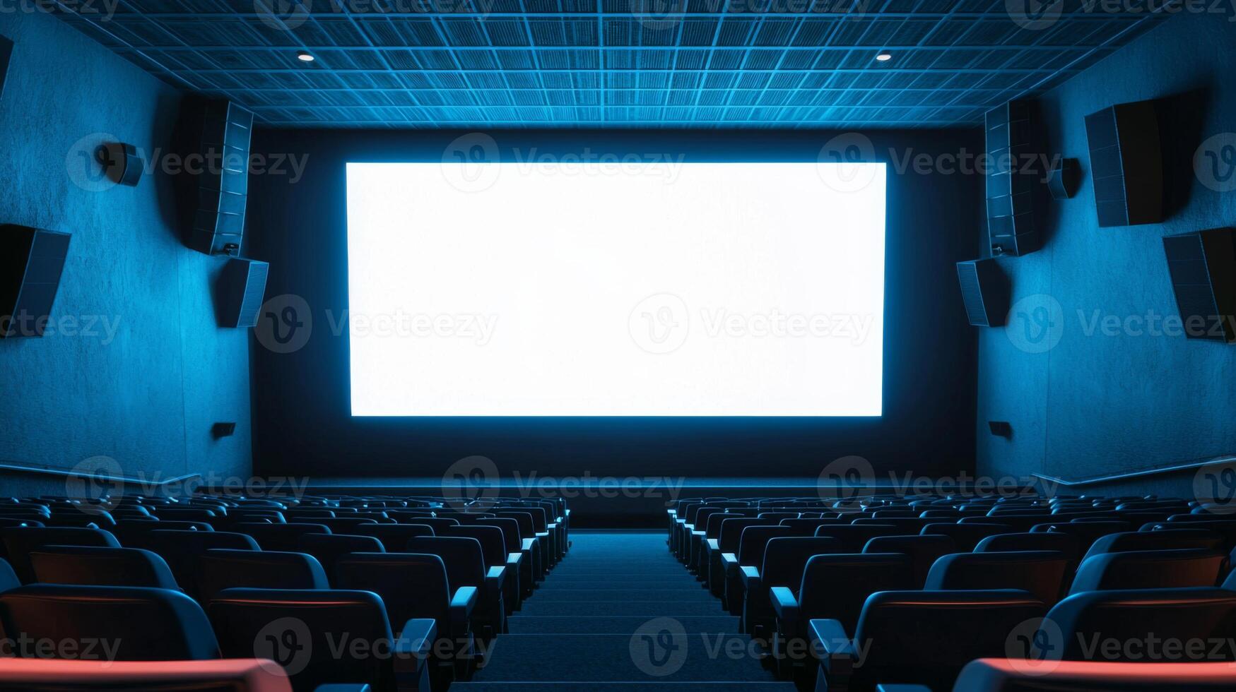 Empty cinema auditorium in blue color with white blank screen. Mockup of hall photo