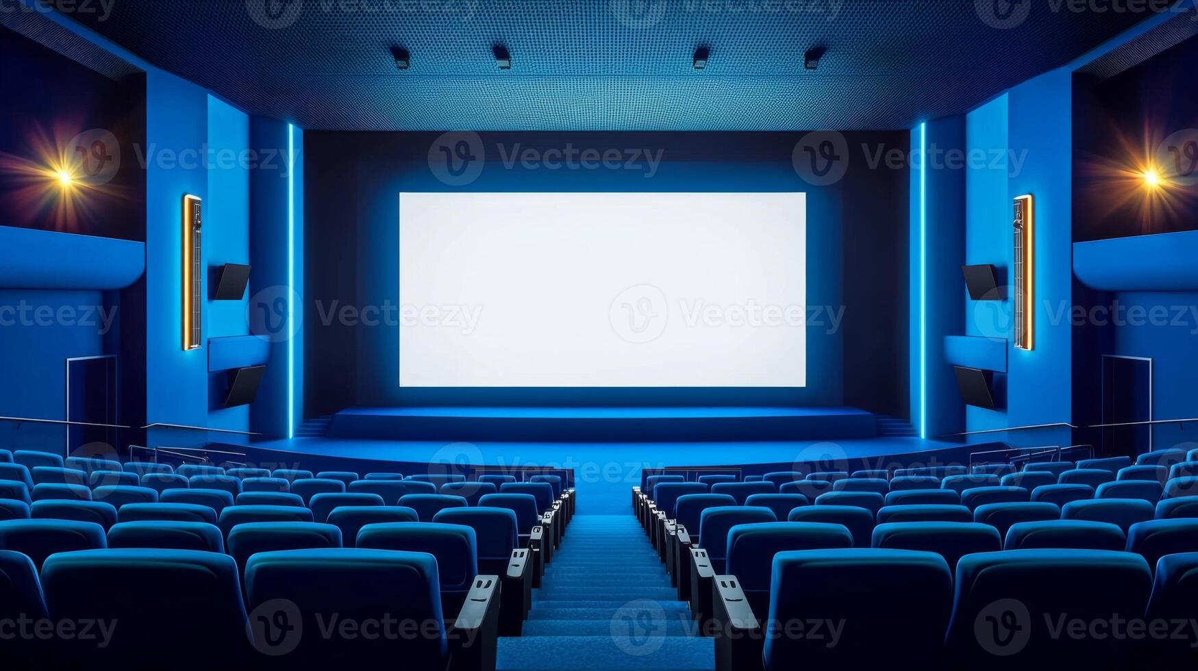 Empty cinema auditorium in blue color with white blank screen. Mockup of hall photo