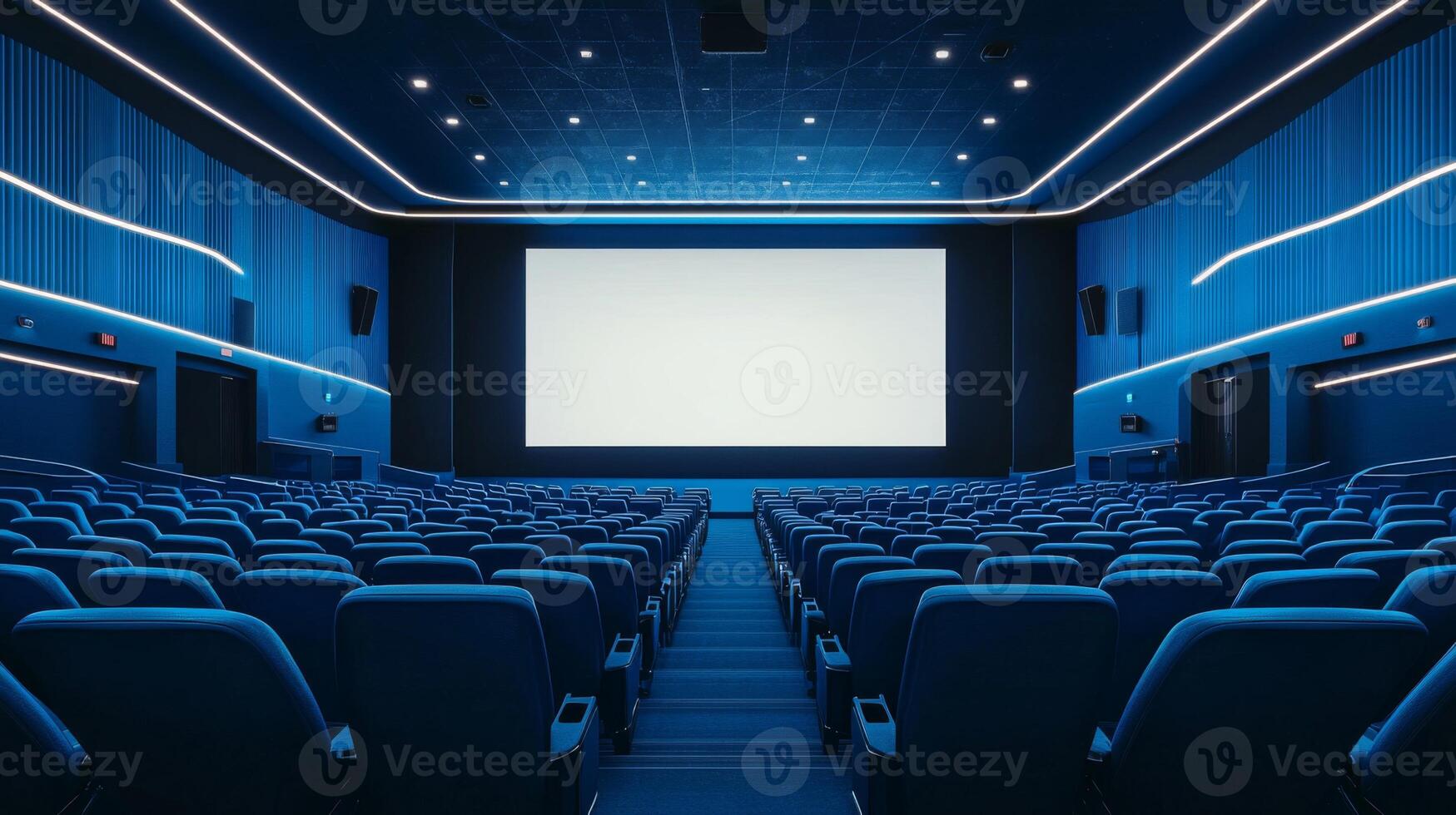 Empty cinema auditorium in blue color with white blank screen. Mockup of hall photo