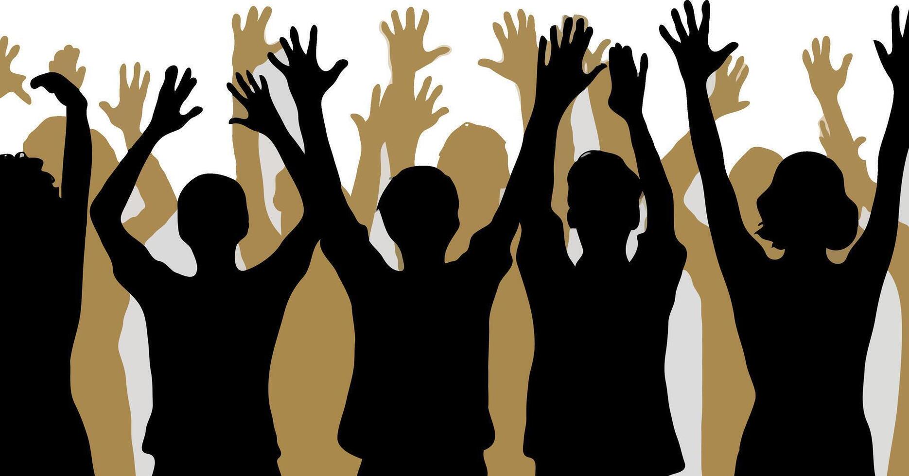 Silhouettes of people raising their hands in the air vector