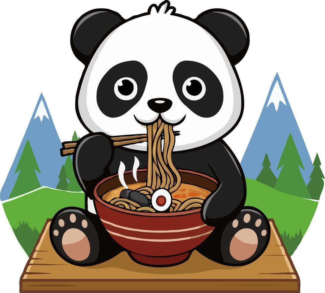 A cartoon panda eating noodles with chopsticks vector
