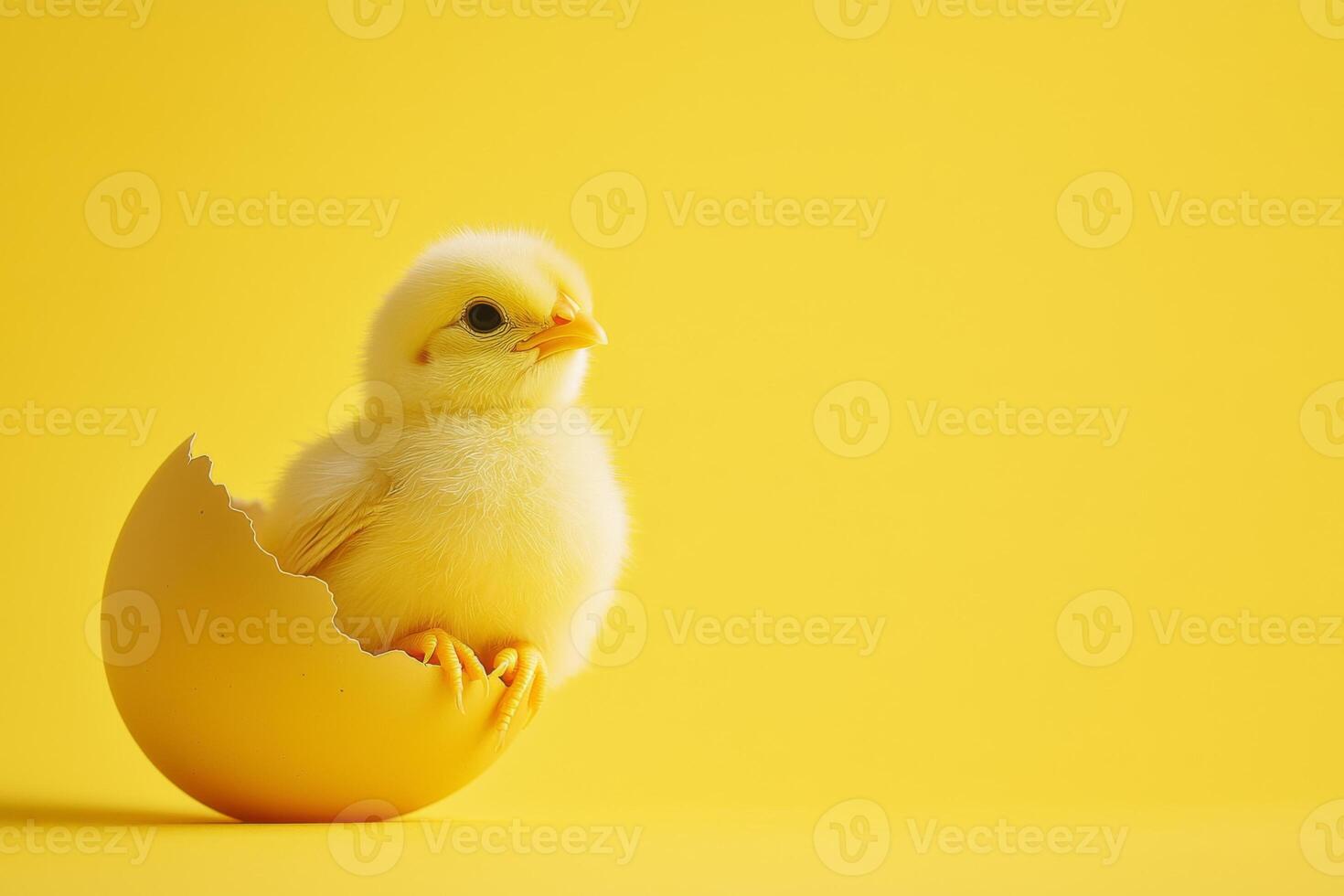 Little yellow chicks just hatched from an egg and sitting in the shell on a yellow background photo