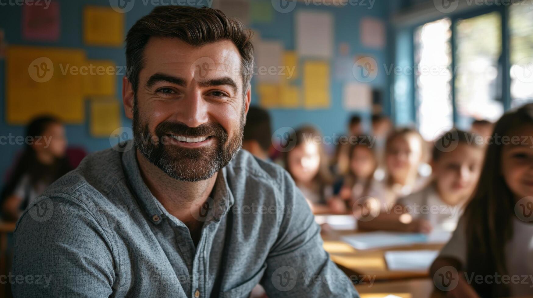 Portrait of smiling male teacher in a class at elementary school looking at camera photo