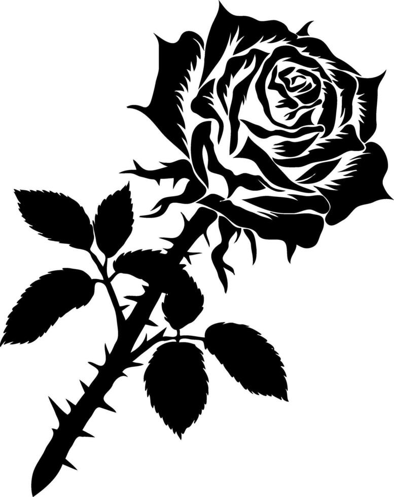 A black and white rose with leaves on it vector