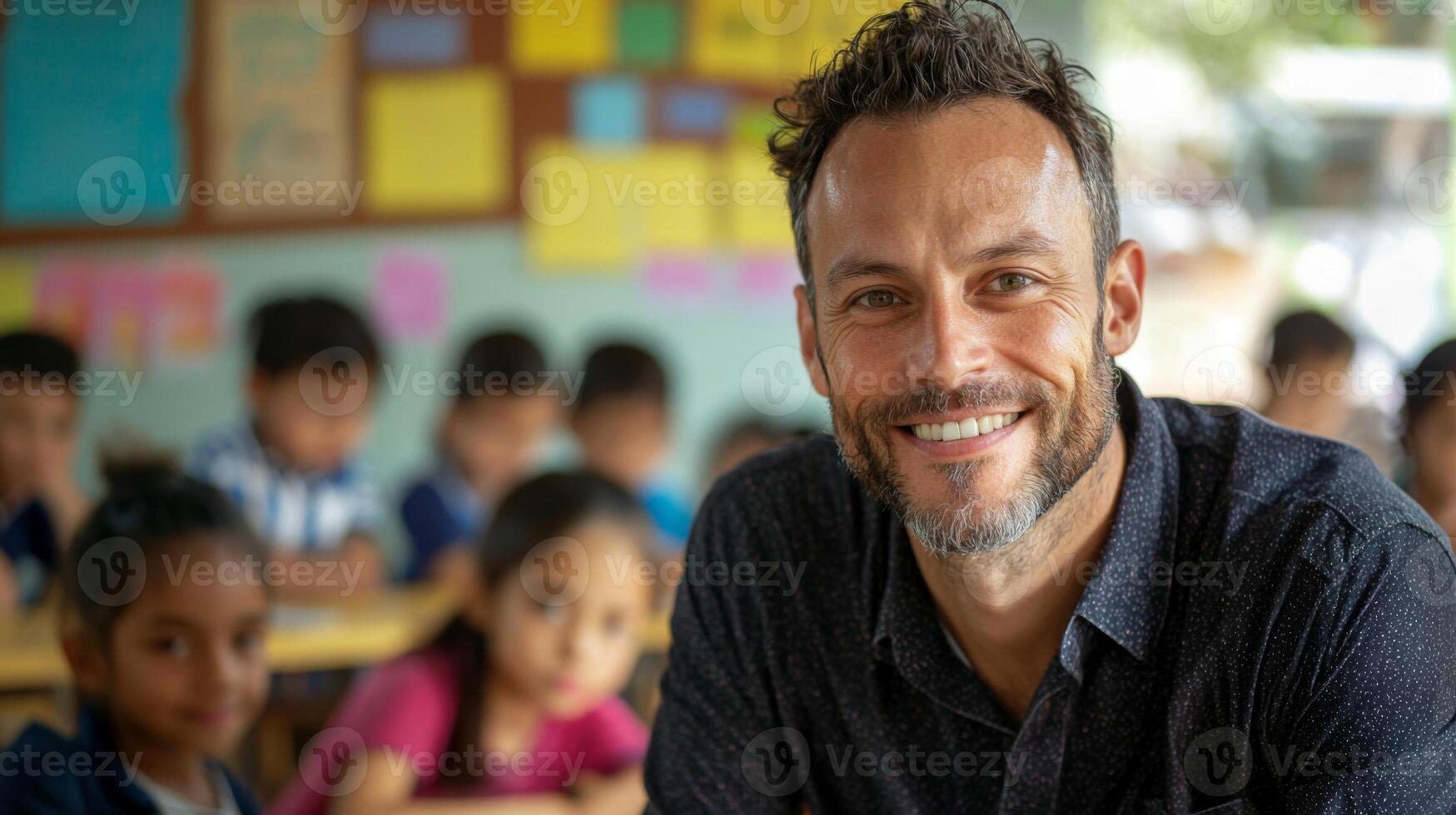 Portrait of smiling male teacher in a class at elementary school looking at camera photo