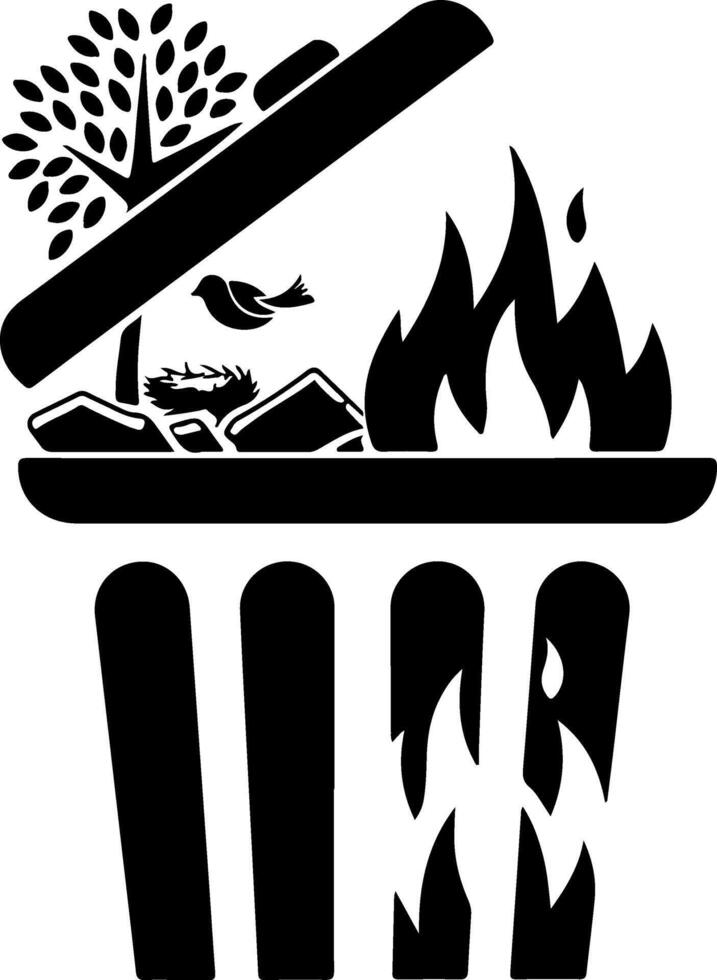 A black and white trash can with fire and birds vector