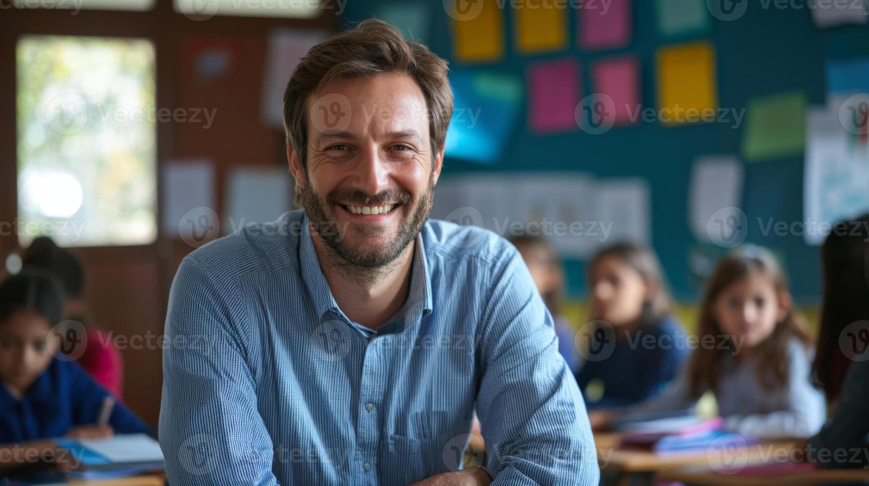 Portrait of smiling male teacher in a class at elementary school looking at camera photo