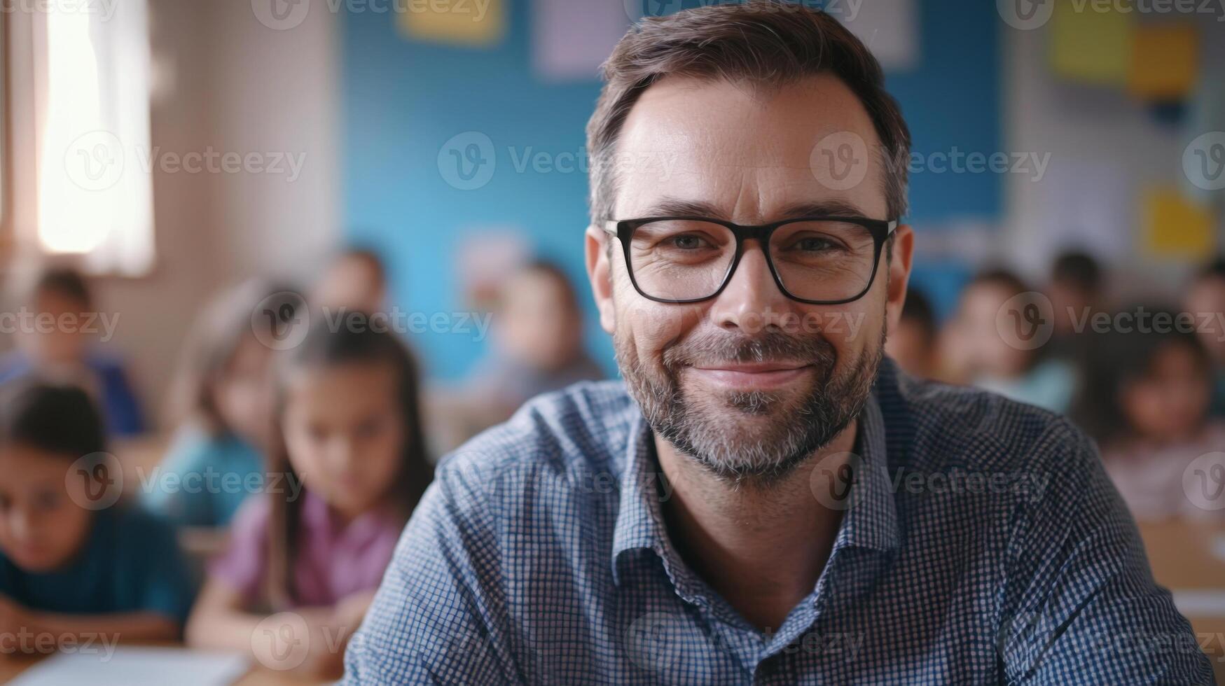 Portrait of smiling male teacher in a class at elementary school looking at camera photo
