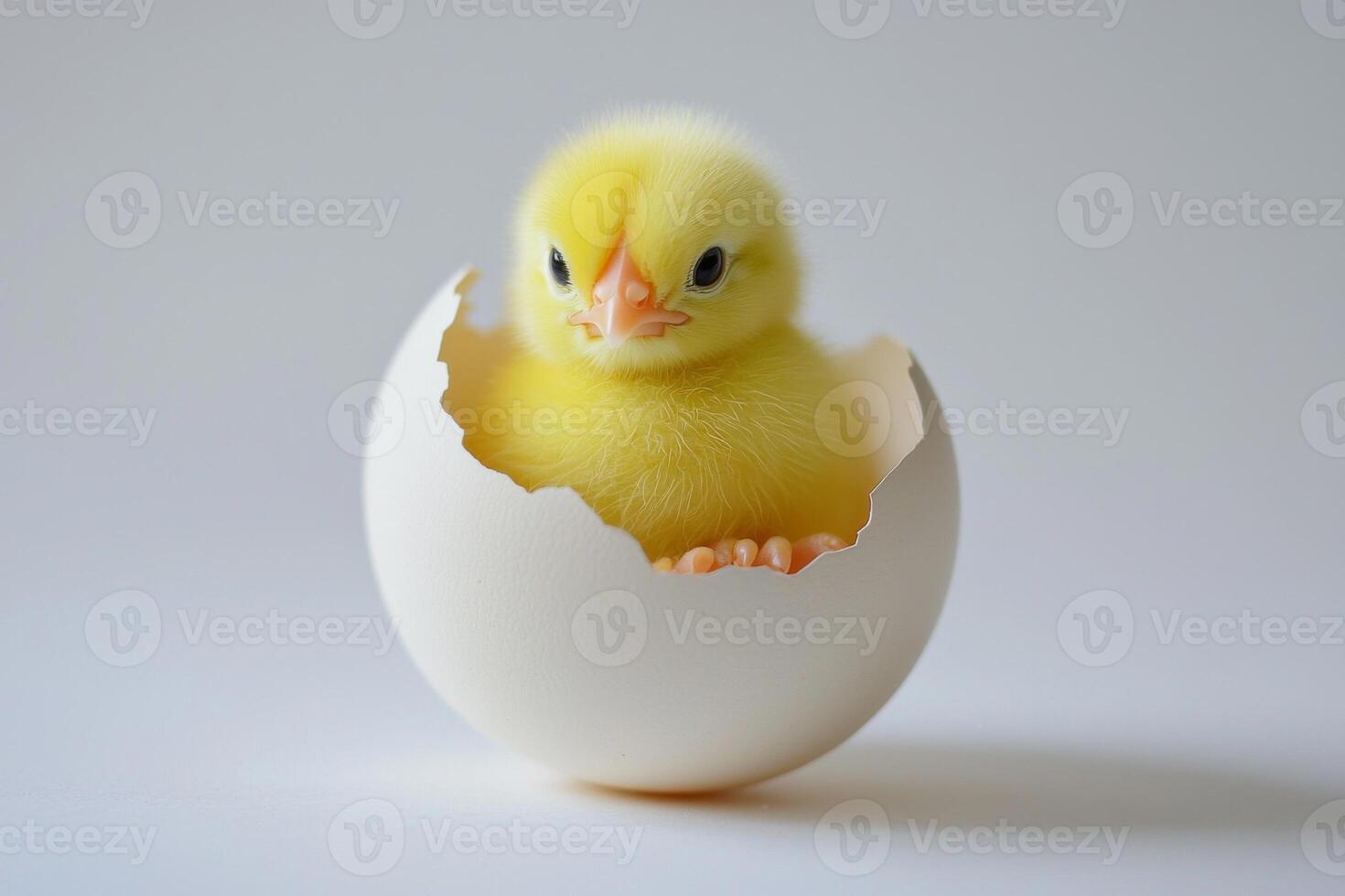 Little yellow chicks just hatched from an egg and sitting in the shell on a white background photo