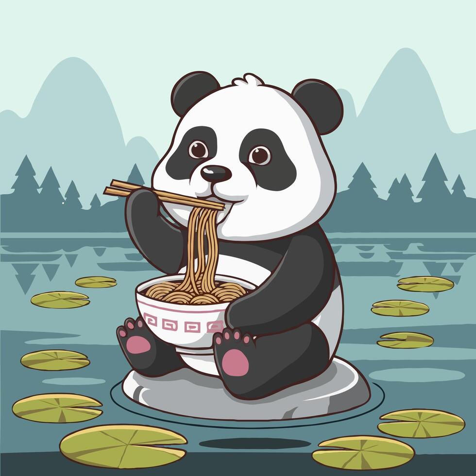 Panda eating noodles in the water vector