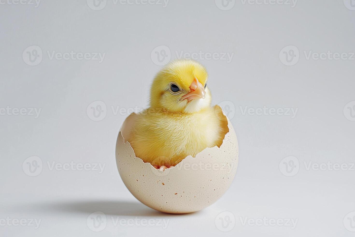 Little yellow chicks just hatched from an egg and sitting in the shell on a white background photo