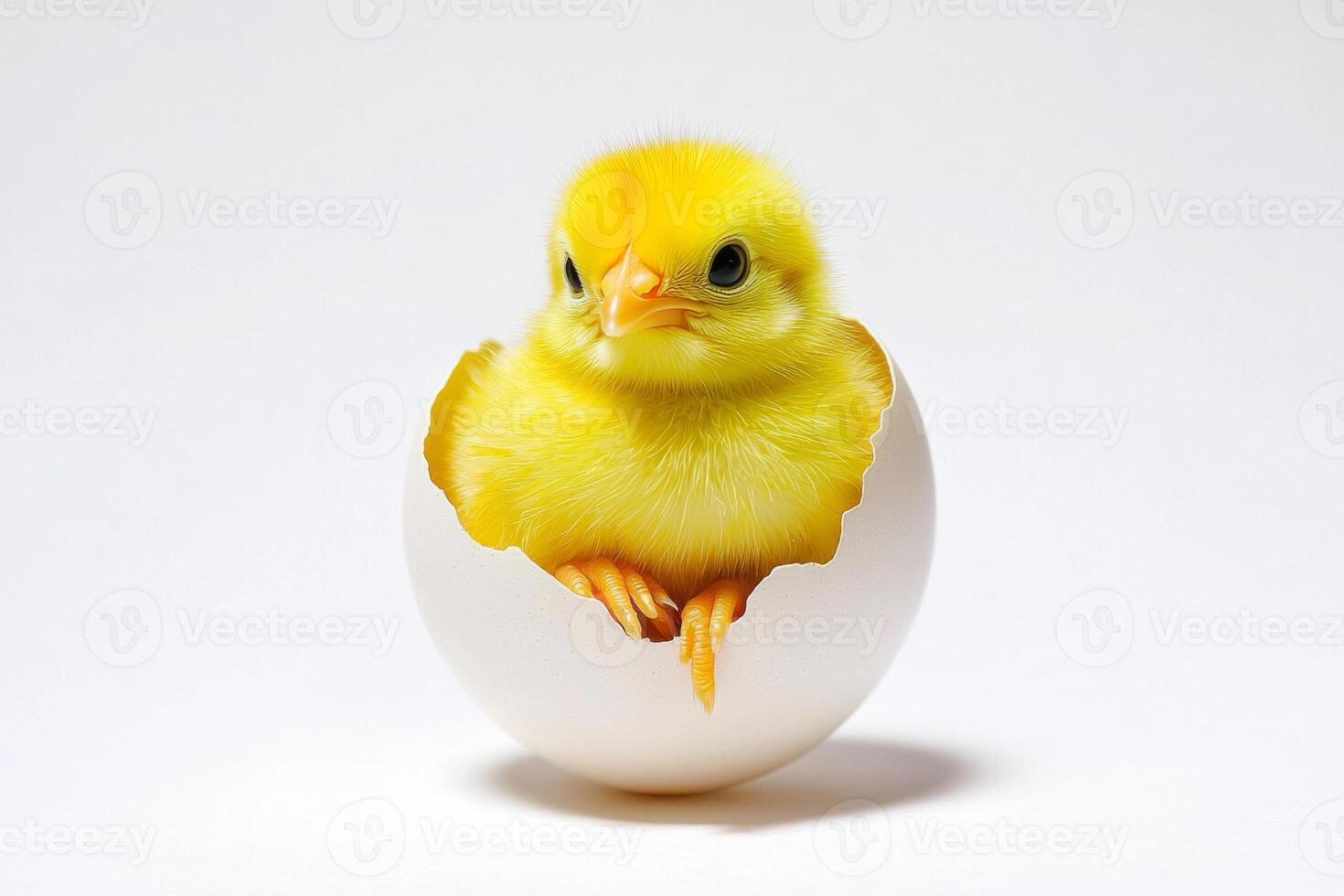 Little yellow chicks just hatched from an egg and sitting in the shell on a white background photo