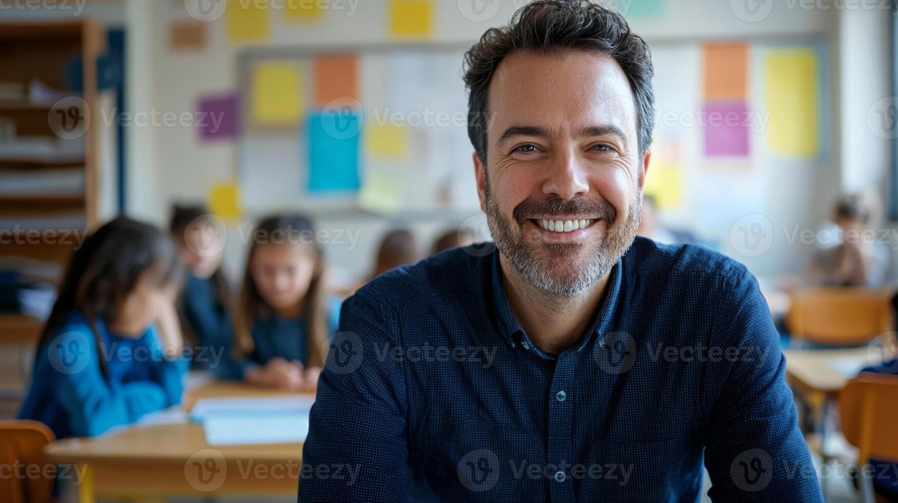 Portrait of smiling male teacher in a class at elementary school looking at camera photo