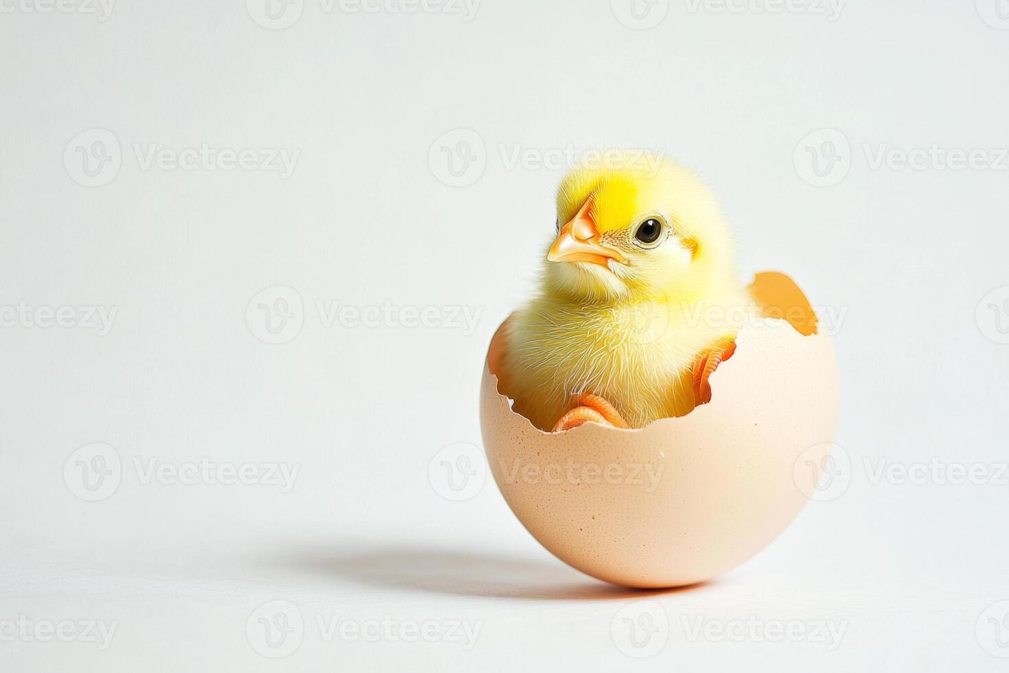 Little yellow chicks just hatched from an egg and sitting in the shell on a white background photo