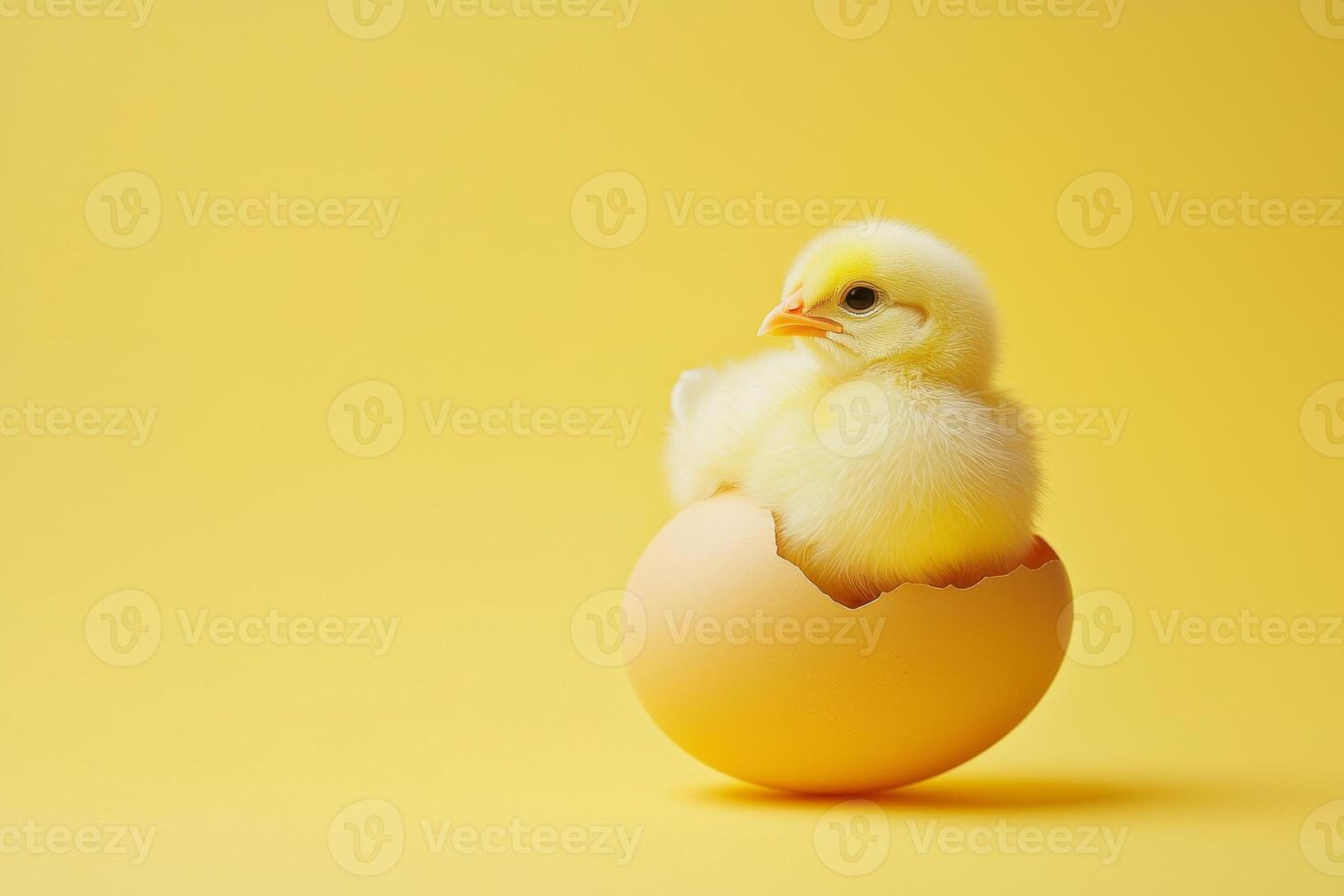 Little yellow chicks just hatched from an egg and sitting in the shell on a yellow background photo