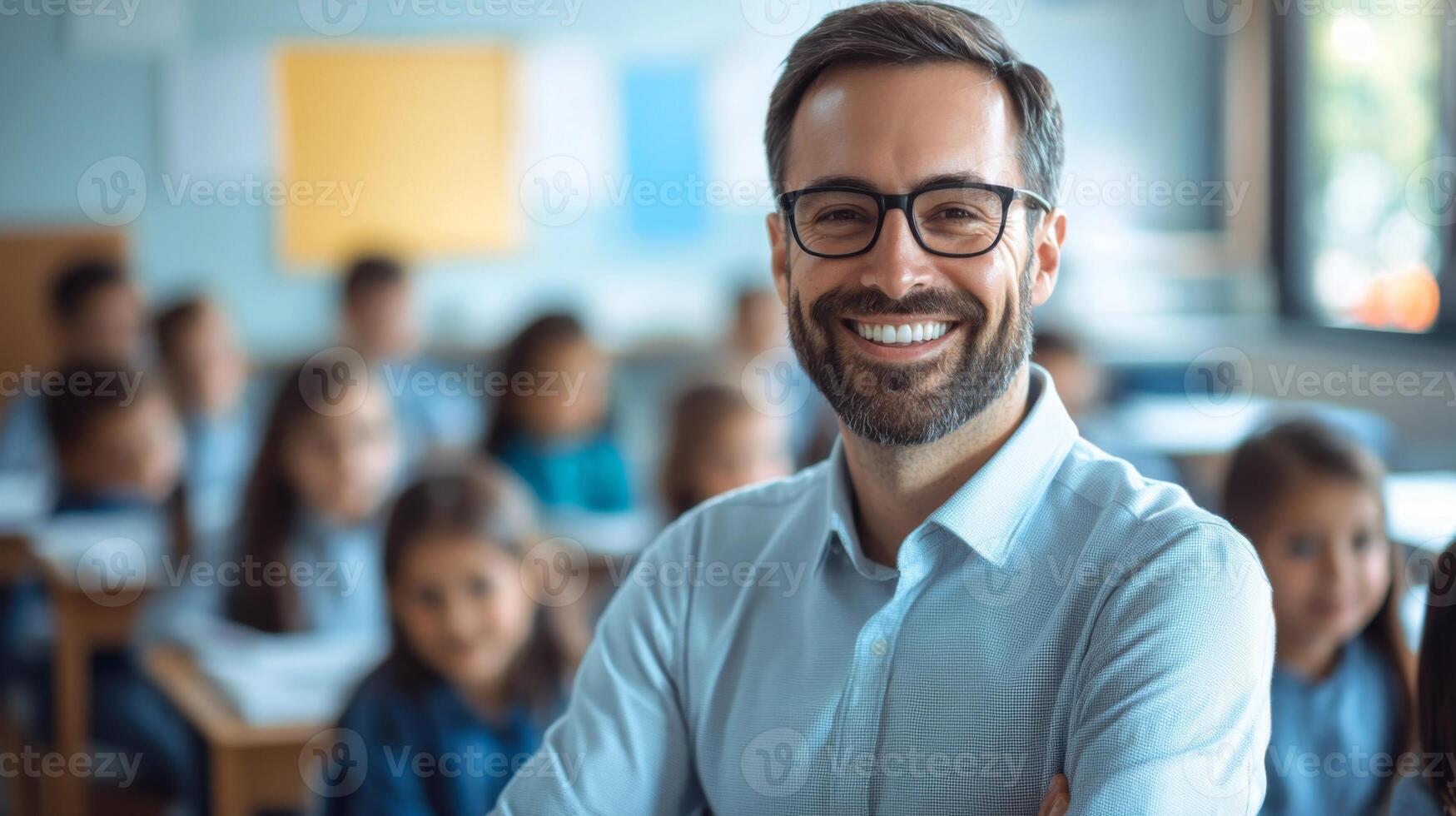 Portrait of smiling male teacher in a class at elementary school looking at camera photo