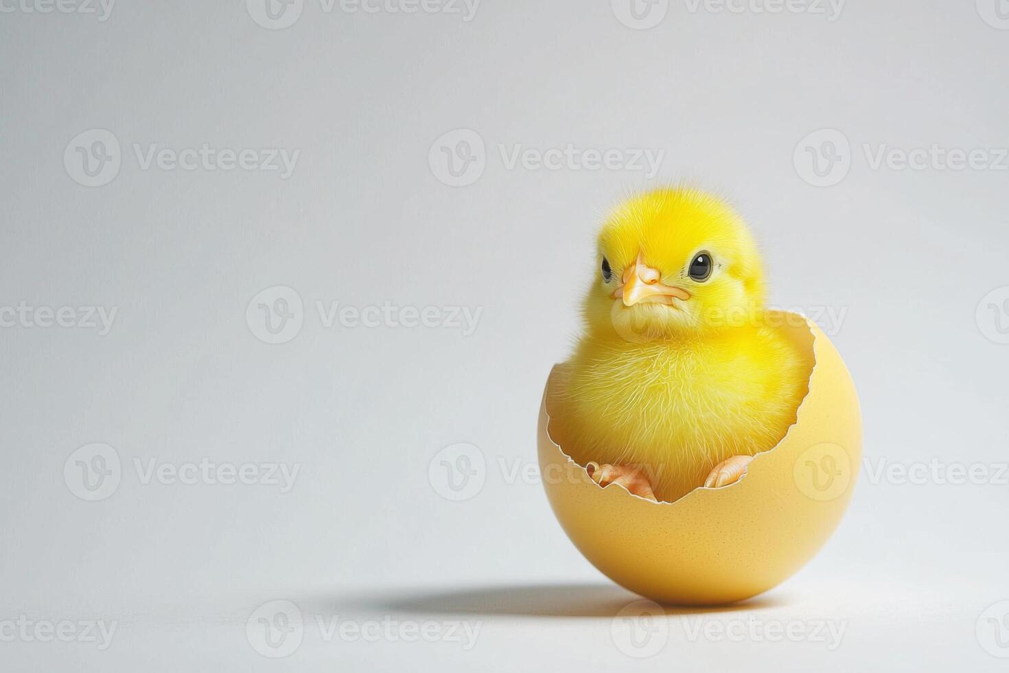Little yellow chicks just hatched from an egg and sitting in the shell on a white background photo