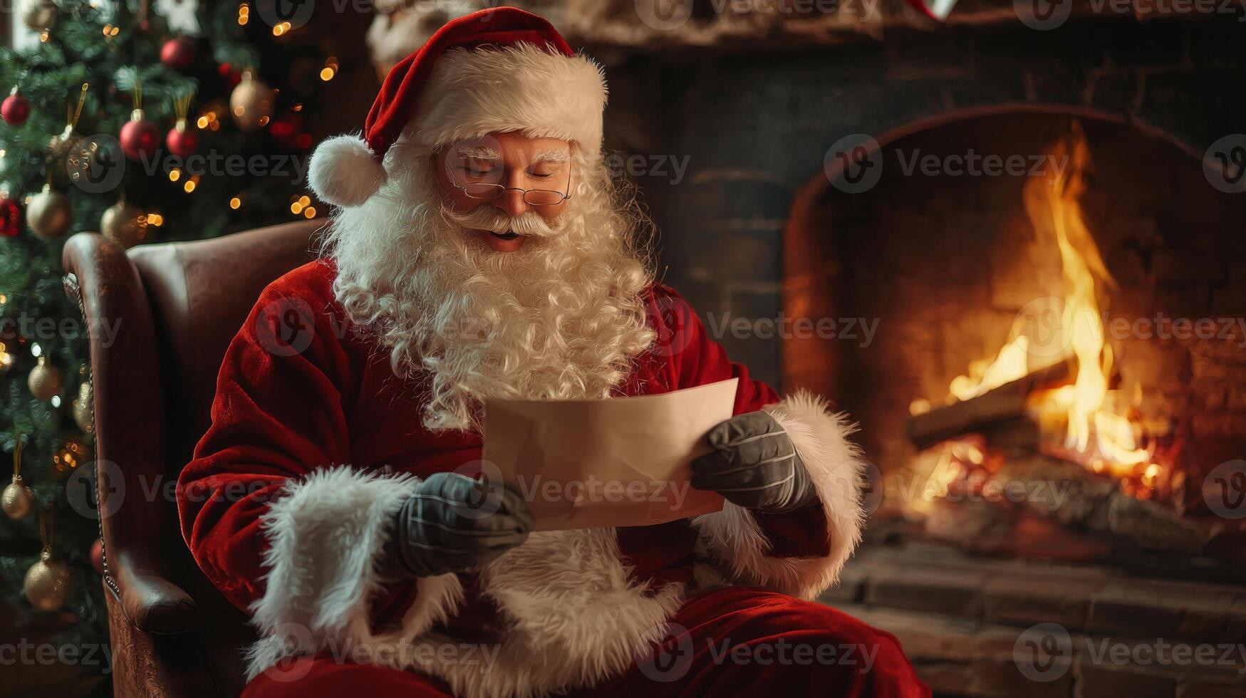 Santa Claus reads a letter with a wish list for Christmas at home near the fireplace photo