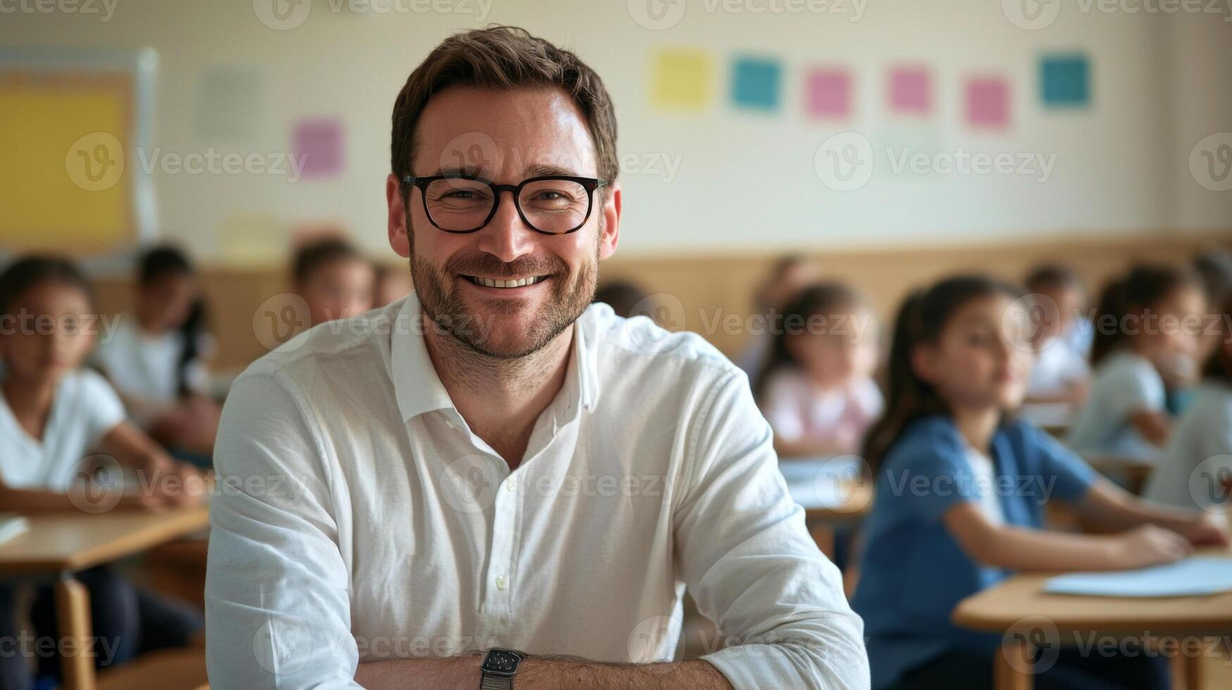 Portrait of smiling male teacher in a class at elementary school looking at camera photo