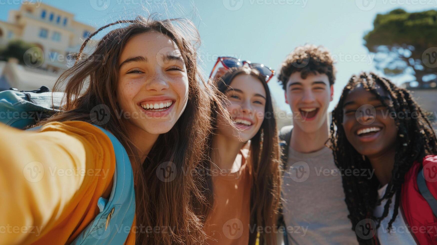 Multi ethnic student guys and girls taking selfie. Multi racial group of young people photo