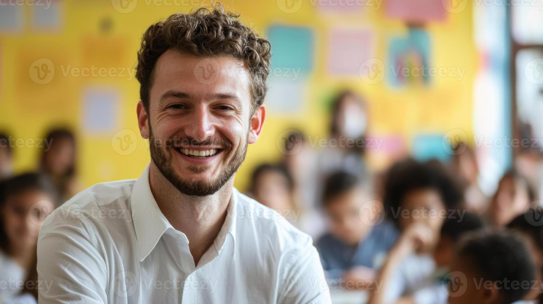 Portrait of smiling male teacher in a class at elementary school looking at camera photo