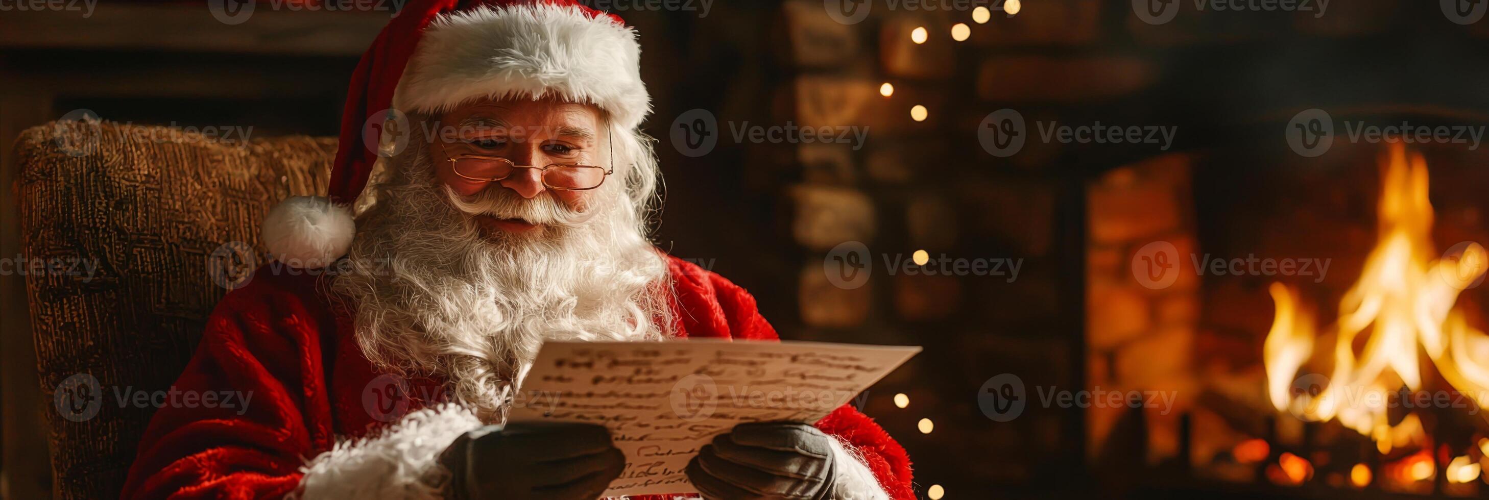Santa Claus reads a letter with a wish list for Christmas at home near the fireplace photo