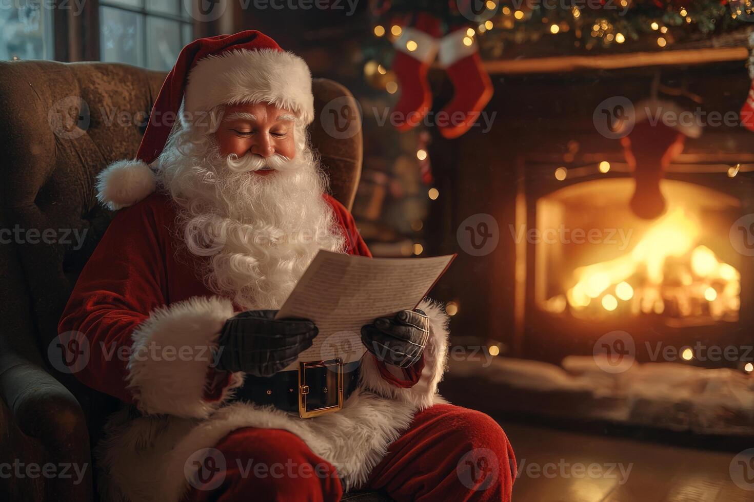 Santa Claus reads a letter with a wish list for Christmas at home near the fireplace photo
