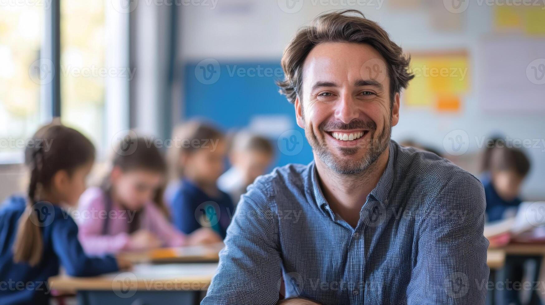 Portrait of smiling male teacher in a class at elementary school looking at camera photo