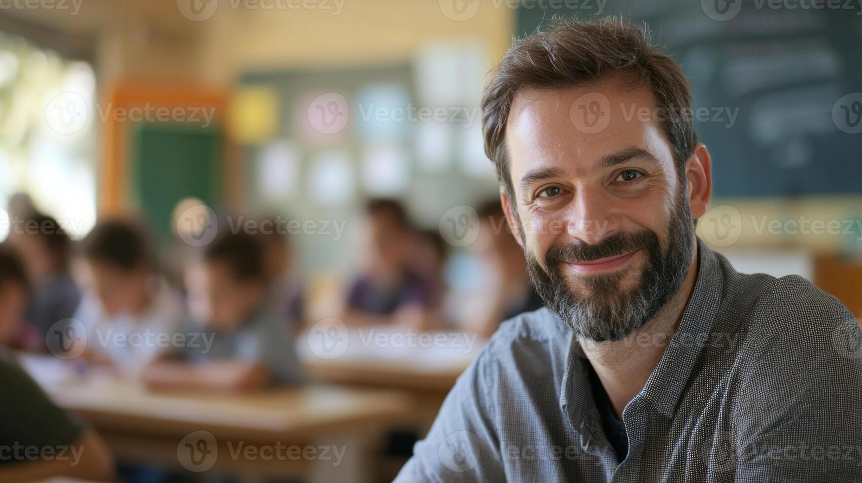 Portrait of smiling male teacher in a class at elementary school looking at camera photo