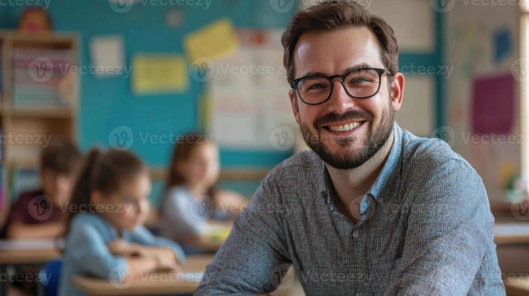 Portrait of smiling male teacher in a class at elementary school looking at camera photo