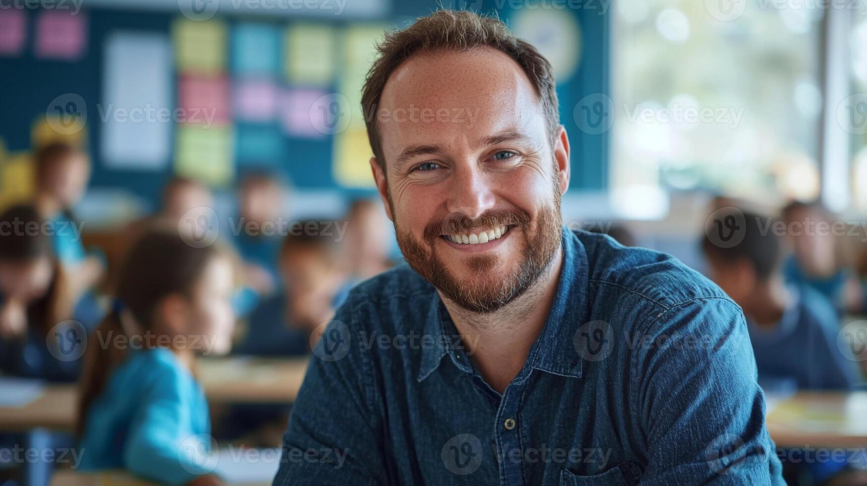 Portrait of smiling male teacher in a class at elementary school looking at camera photo