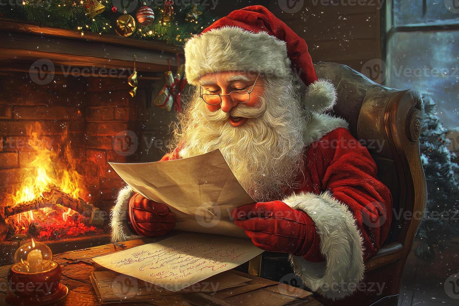 Santa Claus reads a letter with a wish list for Christmas at home near the fireplace photo