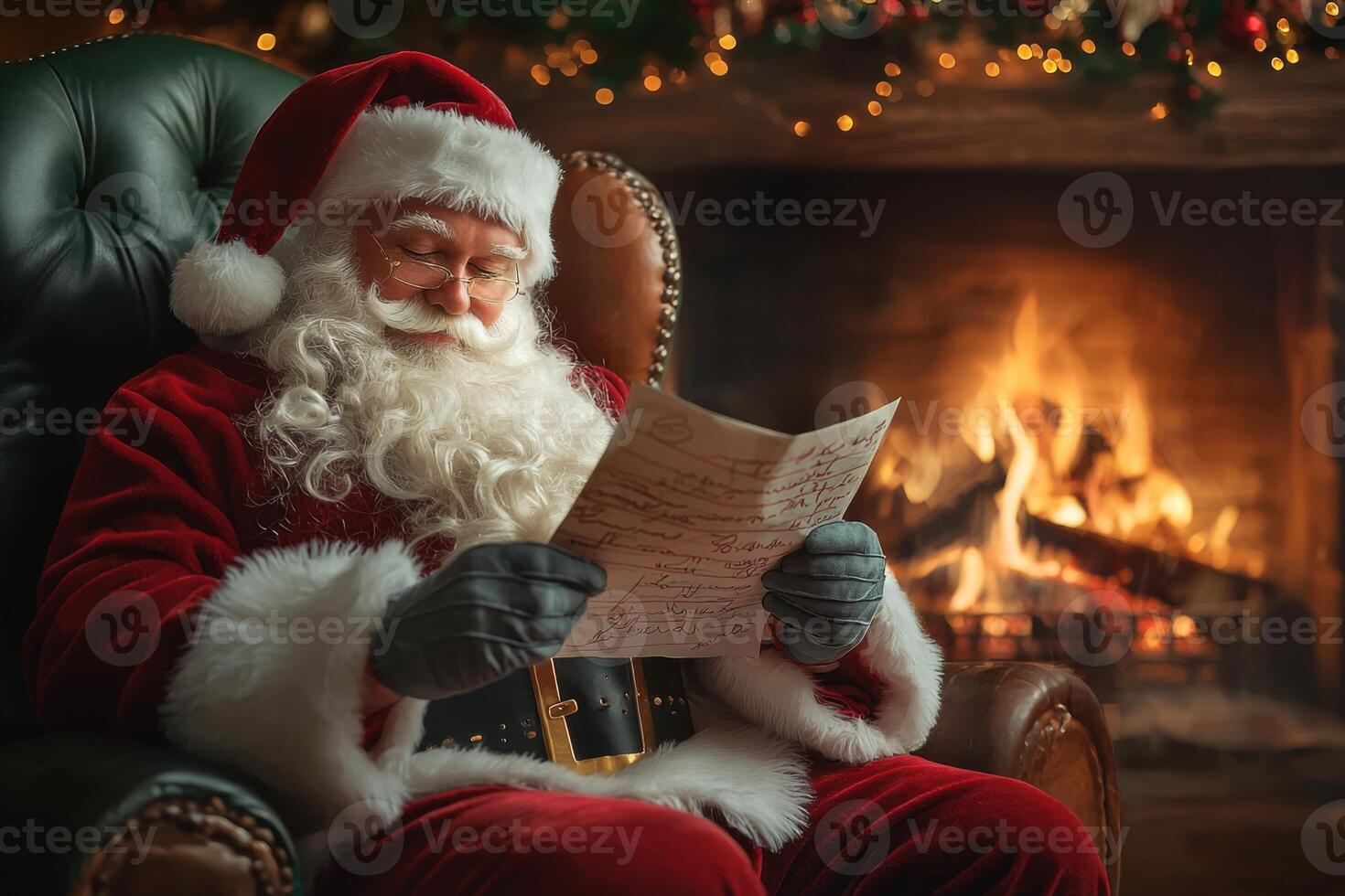 Santa Claus reads a letter with a wish list for Christmas at home near the fireplace photo