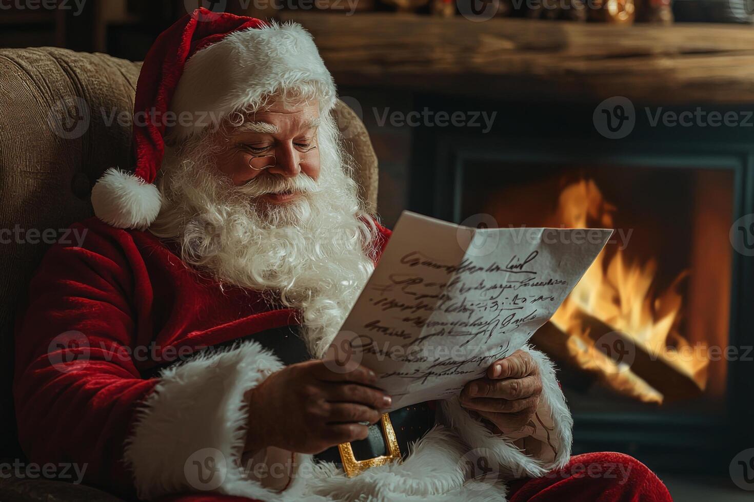 Santa Claus reads a letter with a wish list for Christmas at home near the fireplace photo