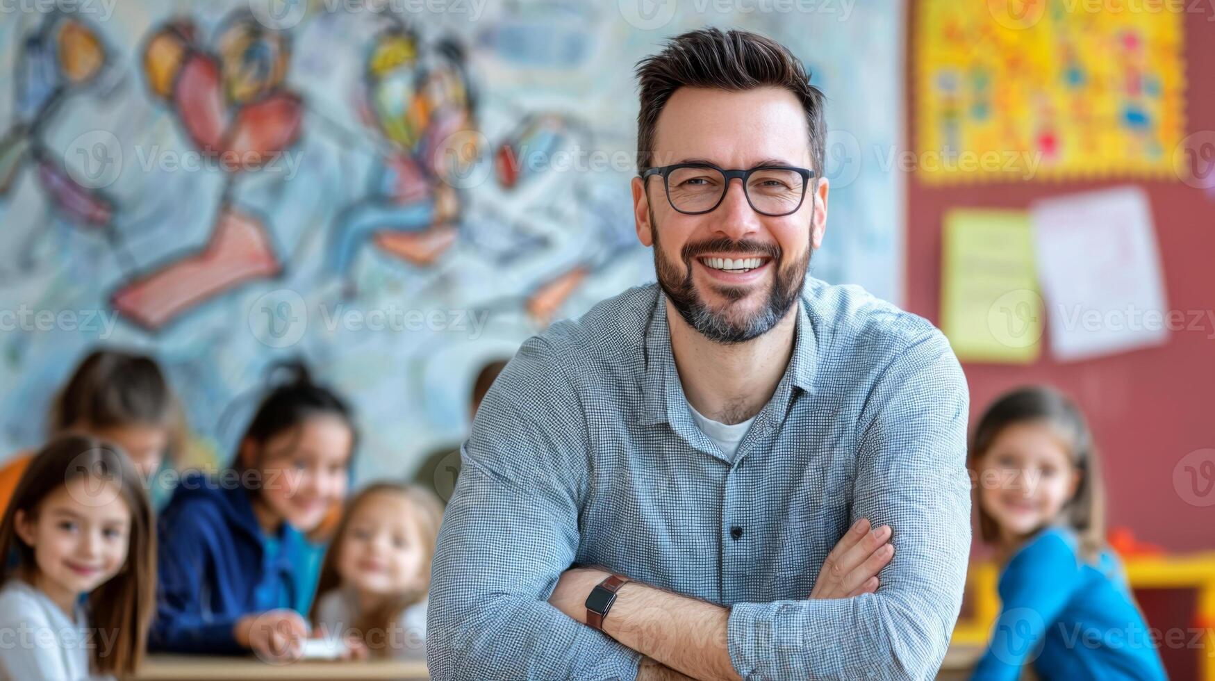 Portrait of smiling male teacher in a class at elementary school looking at camera photo
