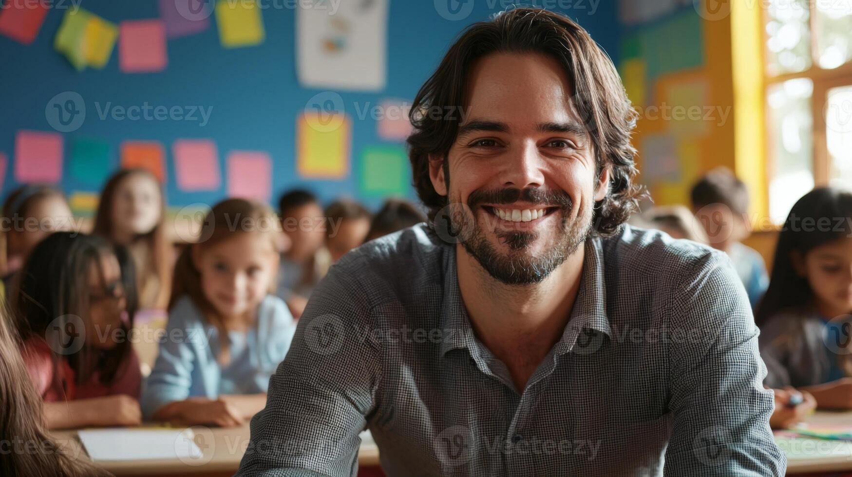 Portrait of smiling male teacher in a class at elementary school looking at camera photo
