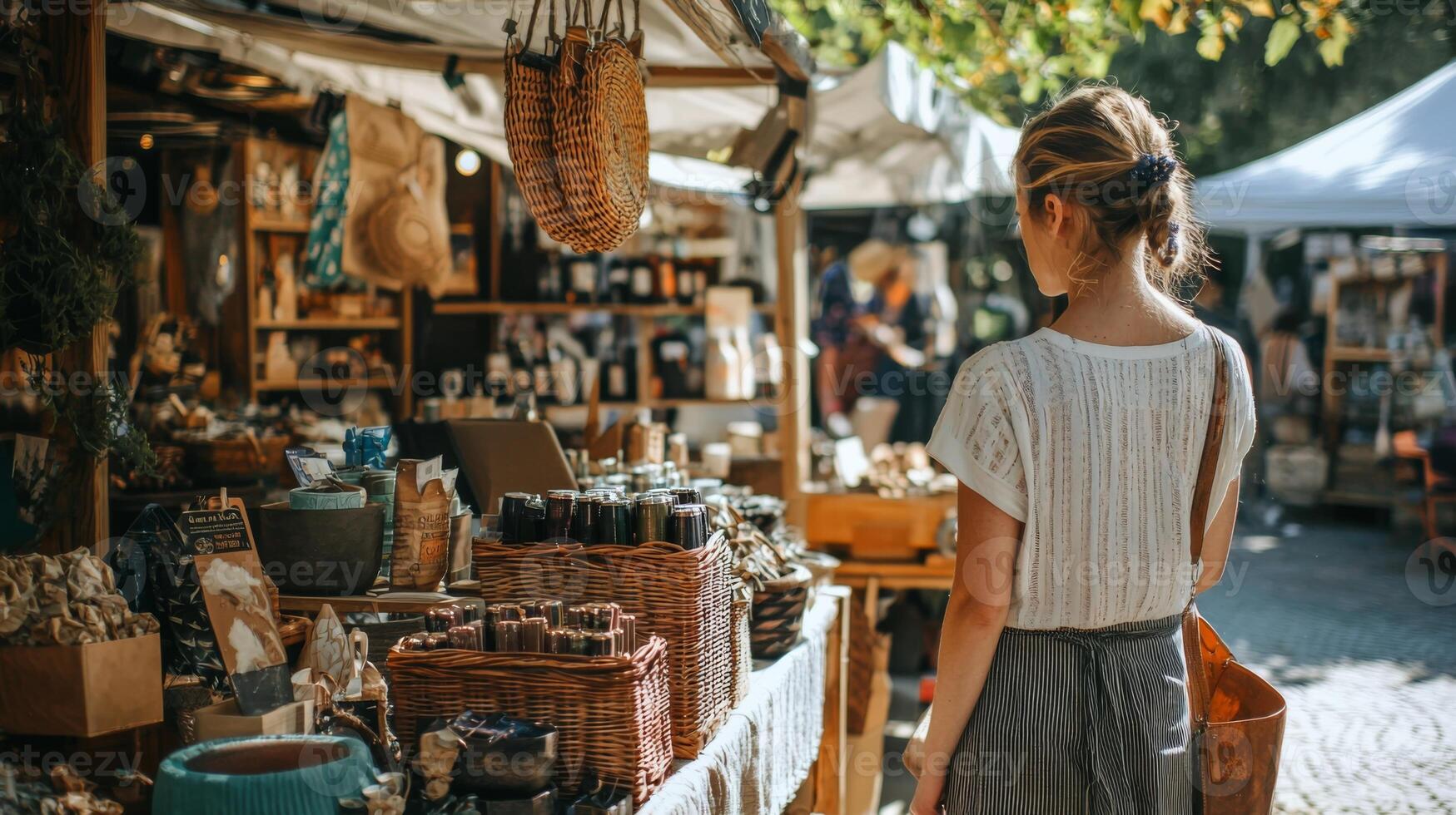 Bustling outdoor craft and artisan market of handmade products traditional artisanal goods photo