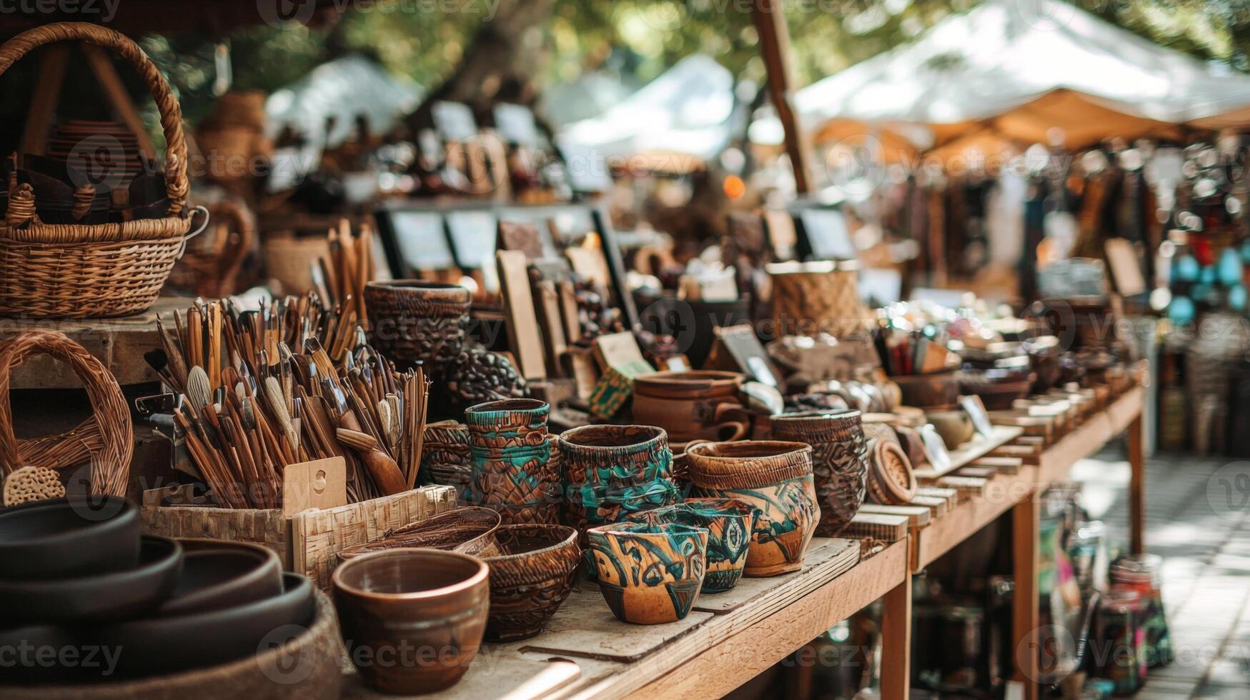 Bustling outdoor craft and artisan market of handmade products traditional artisanal goods photo