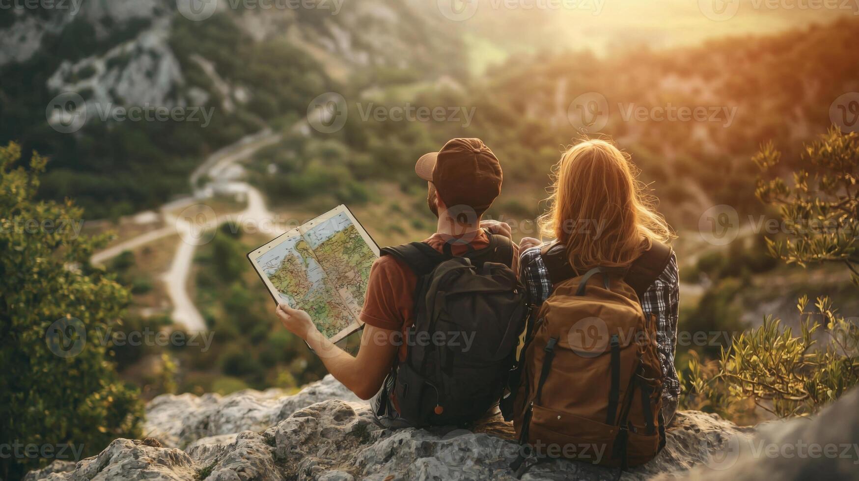Couple traveling together and exploring new places. Beautiful couple walking with backpacks photo
