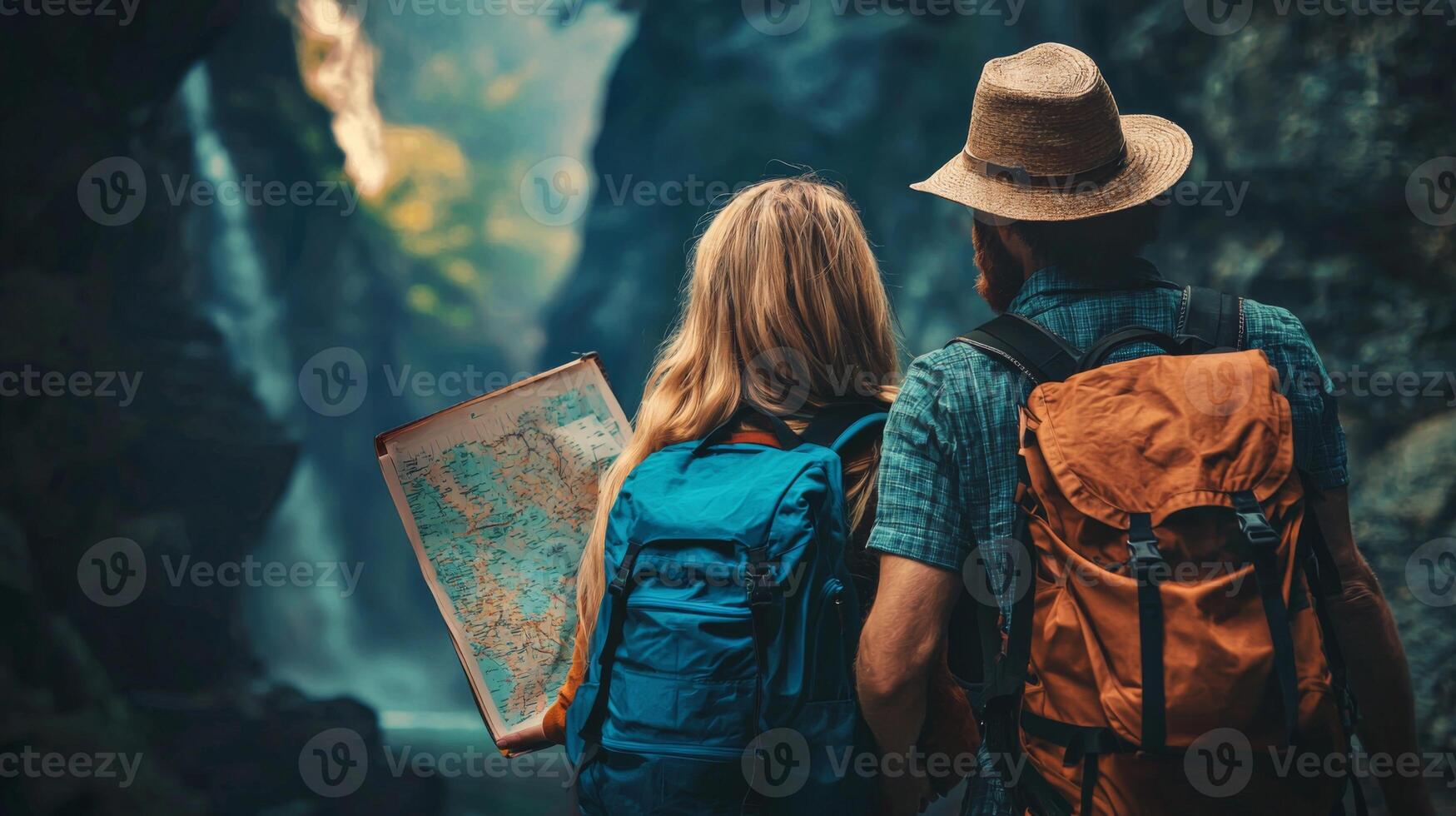 Couple traveling together and exploring new places. Beautiful couple walking with backpacks photo