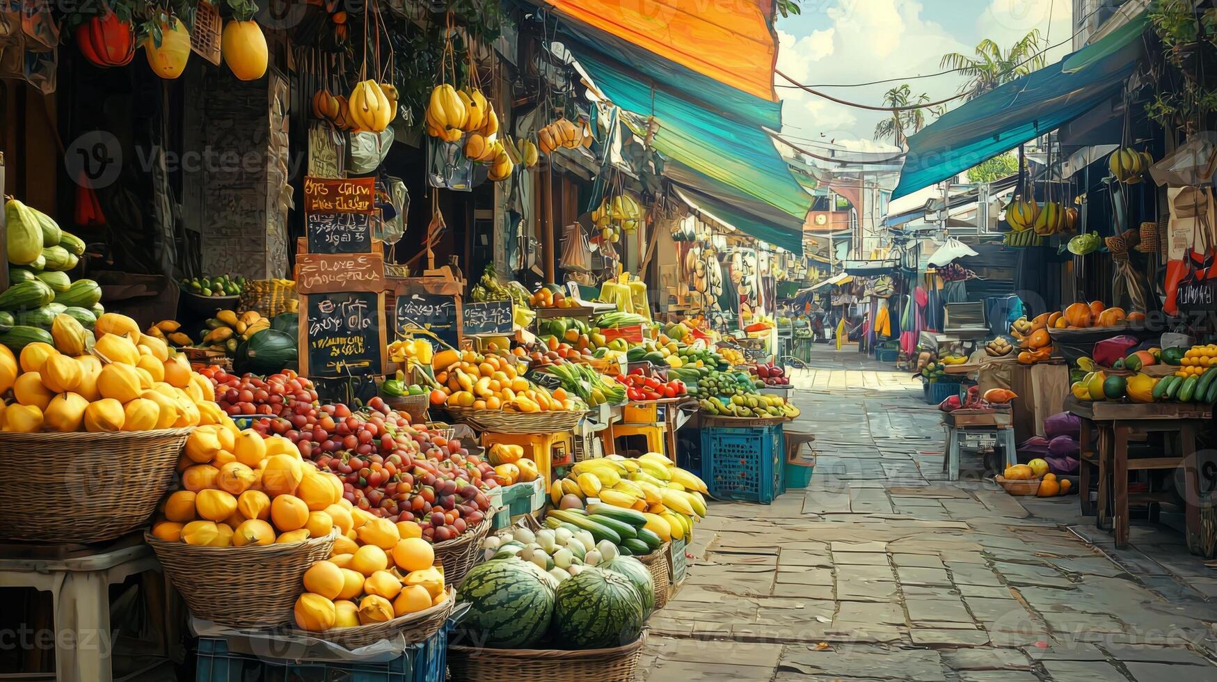 Colorful fruit and vegetable market. Stand with a variety of fresh produce for sale photo
