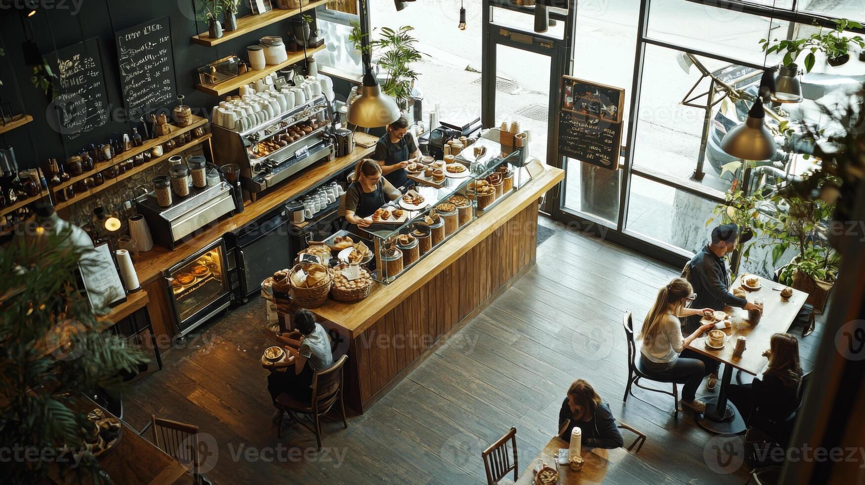 Cozy cafe with people enjoying coffee and pastries. Ambiance is inviting and serene photo