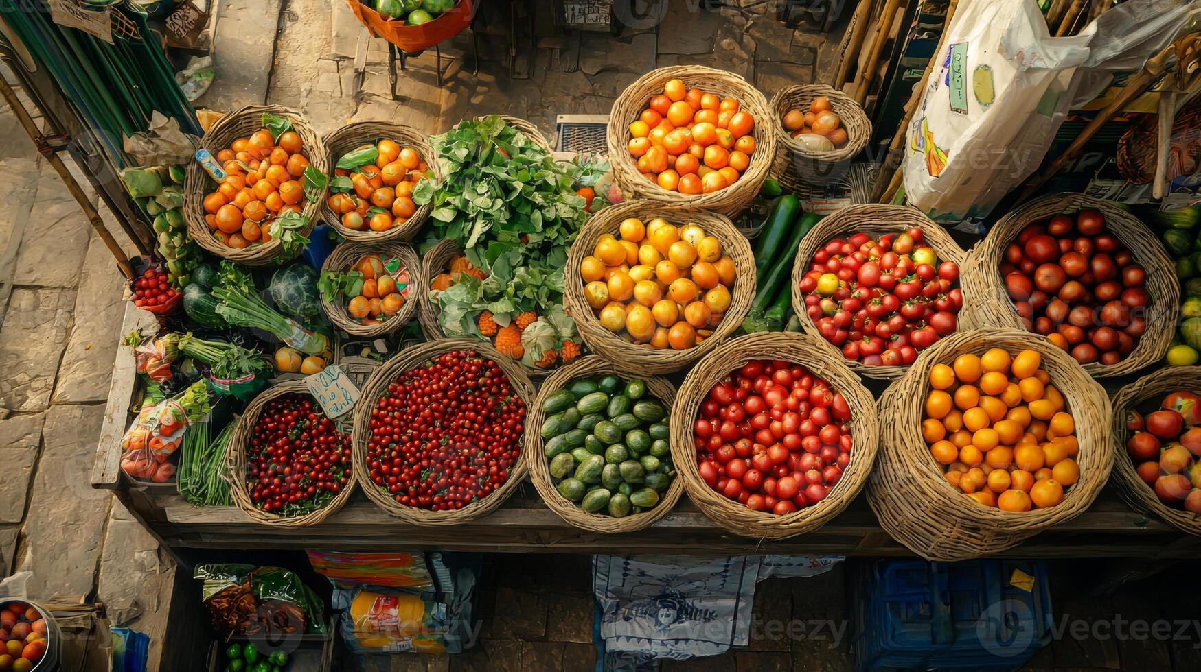 Colorful fruit and vegetable market. Stand with a variety of fresh produce for sale photo