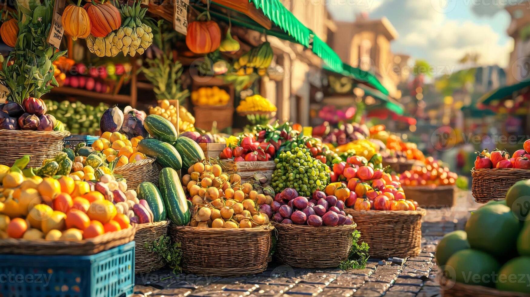 Colorful fruit and vegetable market. Stand with a variety of fresh produce for sale photo