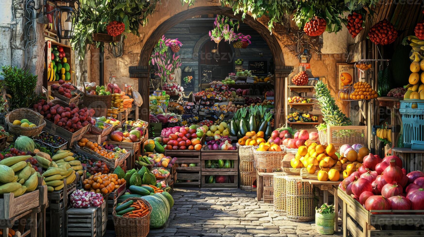 Colorful fruit and vegetable market. Stand with a variety of fresh produce for sale photo