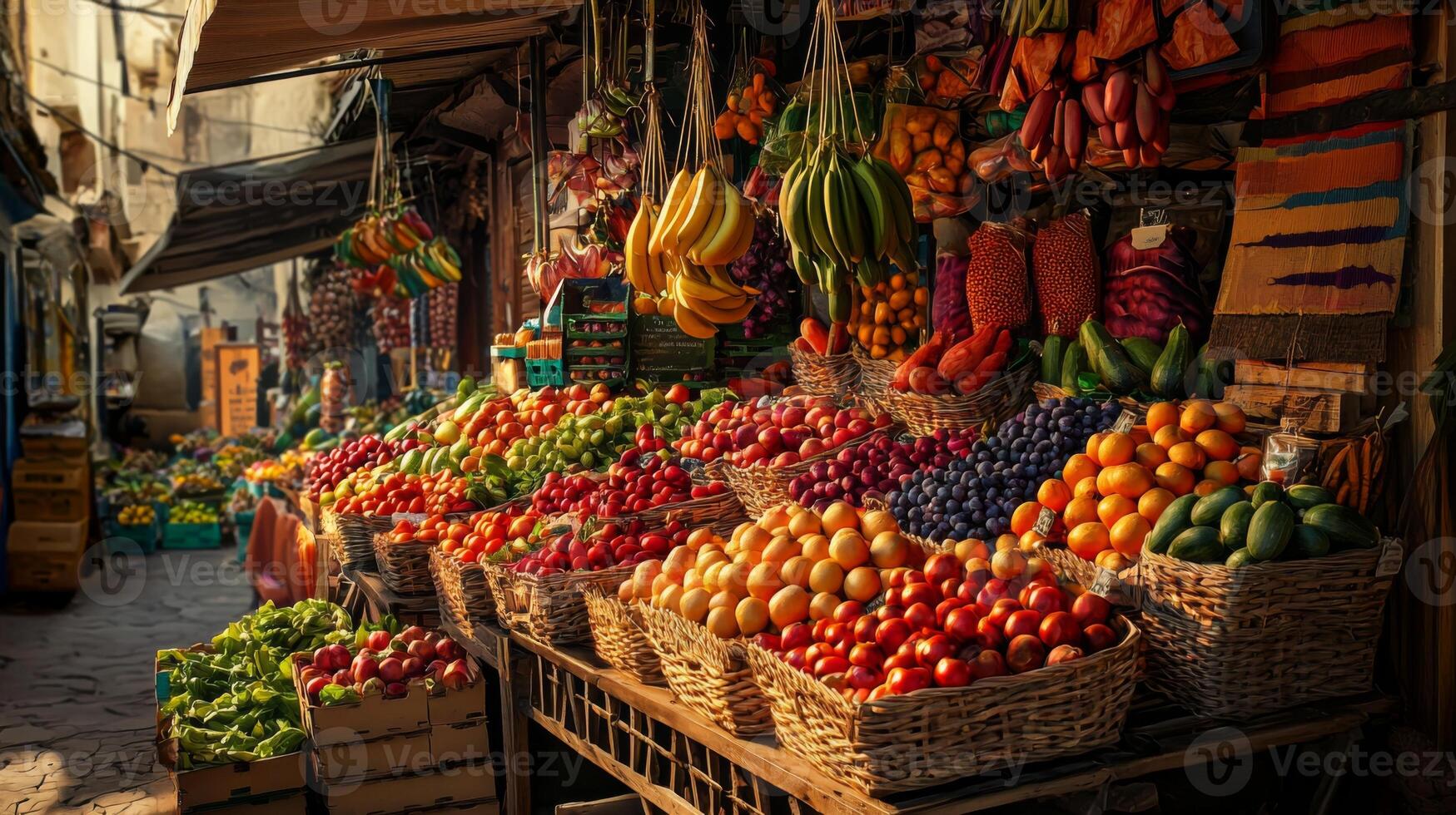 Colorful fruit and vegetable market. Stand with a variety of fresh produce for sale photo